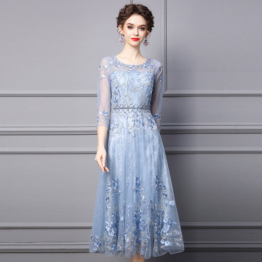 ikearlax Zhili Temperament Dress Women's Spring and Autumn  New Fairy Style High-End Rhinestone Embroidery Long Formal Dress plus Size