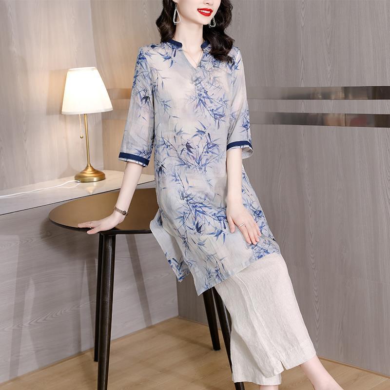 Fashion Casual Set Women's  Summer New Chinese Style Retro an Ink Painting of Bamboo Printed Top Wide Leg Pants Two-Piece Set