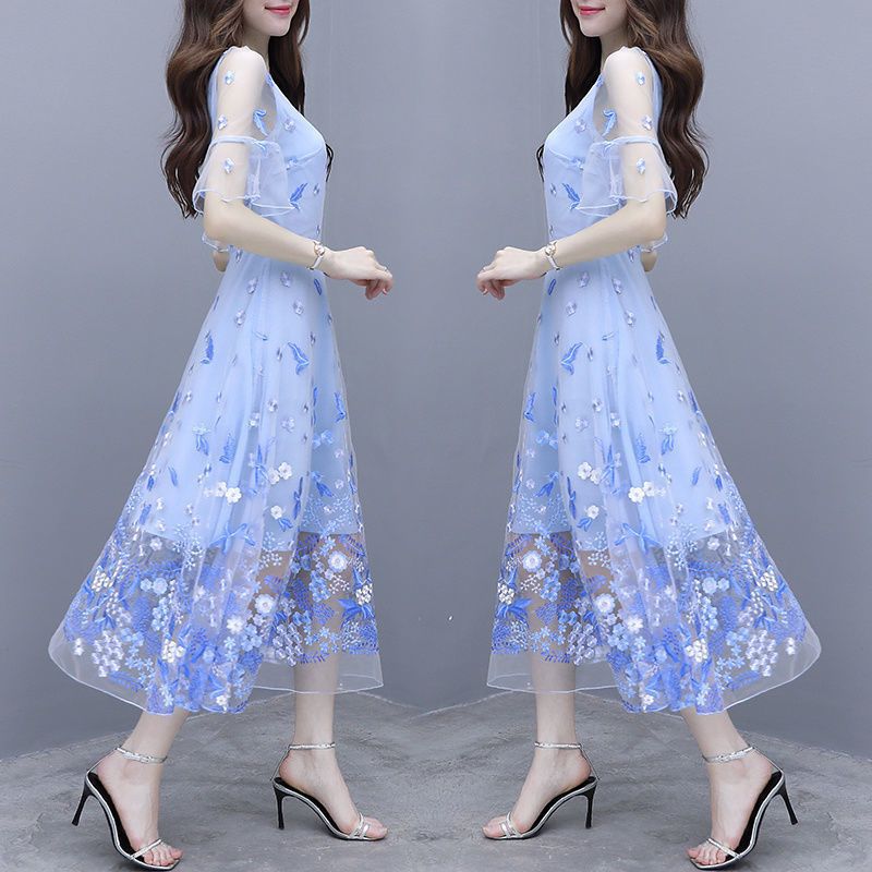 IKERRLAX Spring and Summer New Waist-Tight Slimming V-Neckline Floral Long Dress Fairy Blue Embroidered Mesh Dress Women