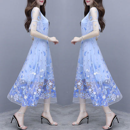 IKERRLAX Spring and Summer New Waist-Tight Slimming V-Neckline Floral Long Dress Fairy Blue Embroidered Mesh Dress Women