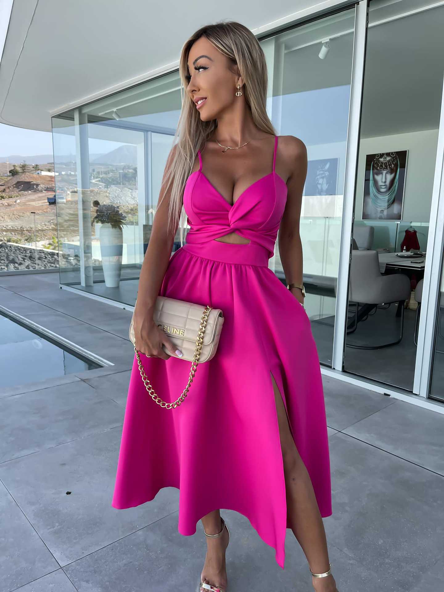 IKEARLAX  Foreign Trade 23 Summer New Fashion Socialite Deep V-neck Hollow-out Big Slit Hemline Camisole Gown Dress 23017