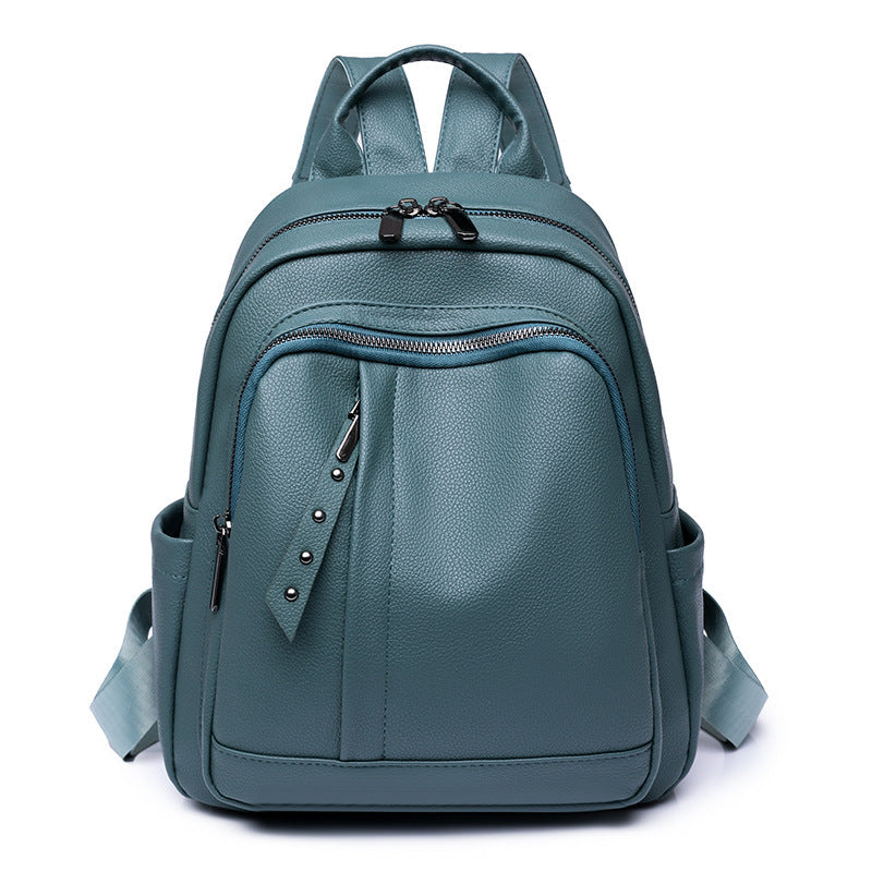 Cross-Border Soft Leather Women's Pu Backpack Pure Color All-Matching Waterproof Backpack High-Grade Soft Leather Women's Bag Wholesale