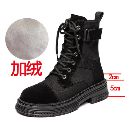 Leather Martin Boots Women's  Spring New Height Increasing Insole Canvas Women's Boots Thick Bottom Side Zipper Fleece-lined Short Desert Boots