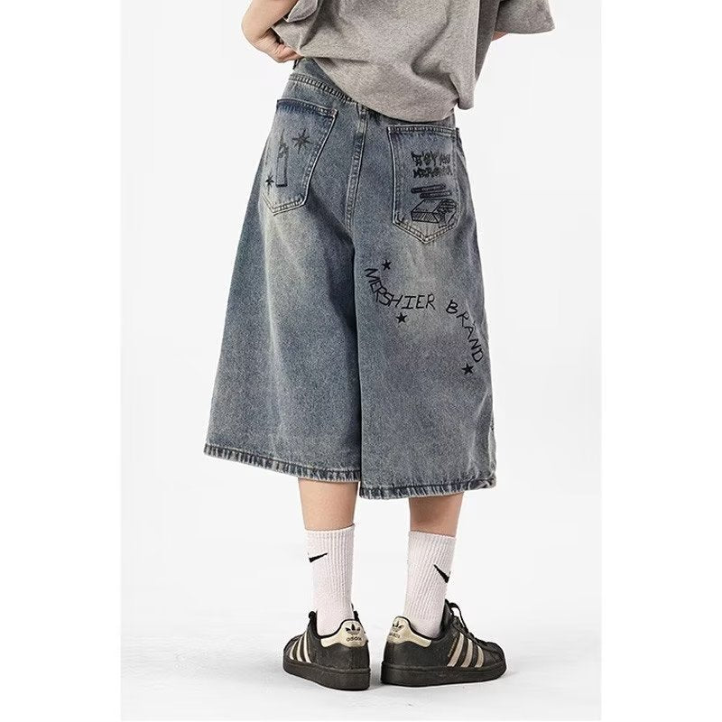 American Style Hip Hop Trendy Printed Men's High Street Retro Fashion Casual Baggy Pants Straight-Leg Trousers Jeans