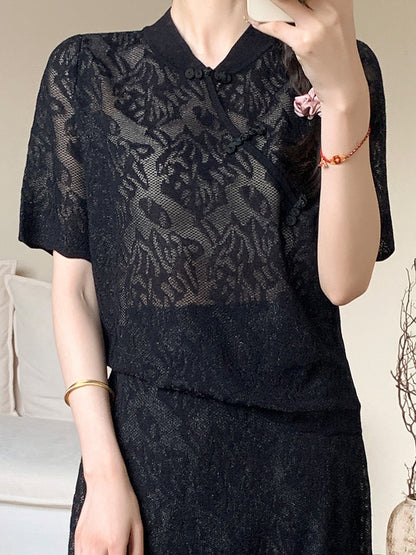 New Chinese Style Cool Silk Two-Piece Women's Clothing Summer High-Grade Zen Embroidery Short Sleeve Robe Suit Skirt