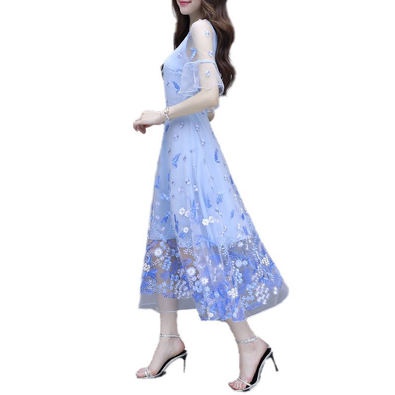 IKERRLAX Spring and Summer New Waist-Tight Slimming V-Neckline Floral Long Dress Fairy Blue Embroidered Mesh Dress Women