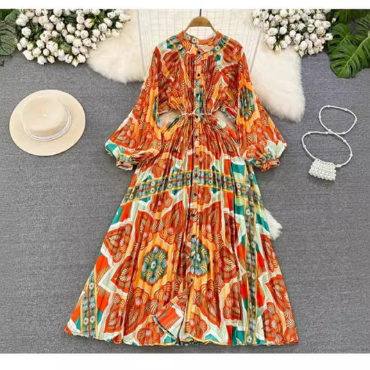 IKEARLAX  High-Grade Light Luxury Temperament Lantern Long Sleeve round Neck Waist Trimming Slimming Single-Breasted Printed Dress Elegant Long Dress