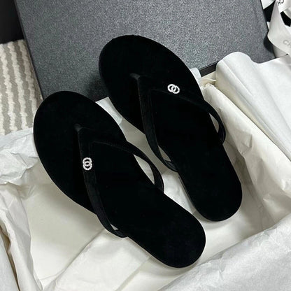 Classic Style Flat Flip-Flops Flip-Flops Women's  Summer New Black Fleece Drill Buckle Flip-Flops All-Match Beach Sandals