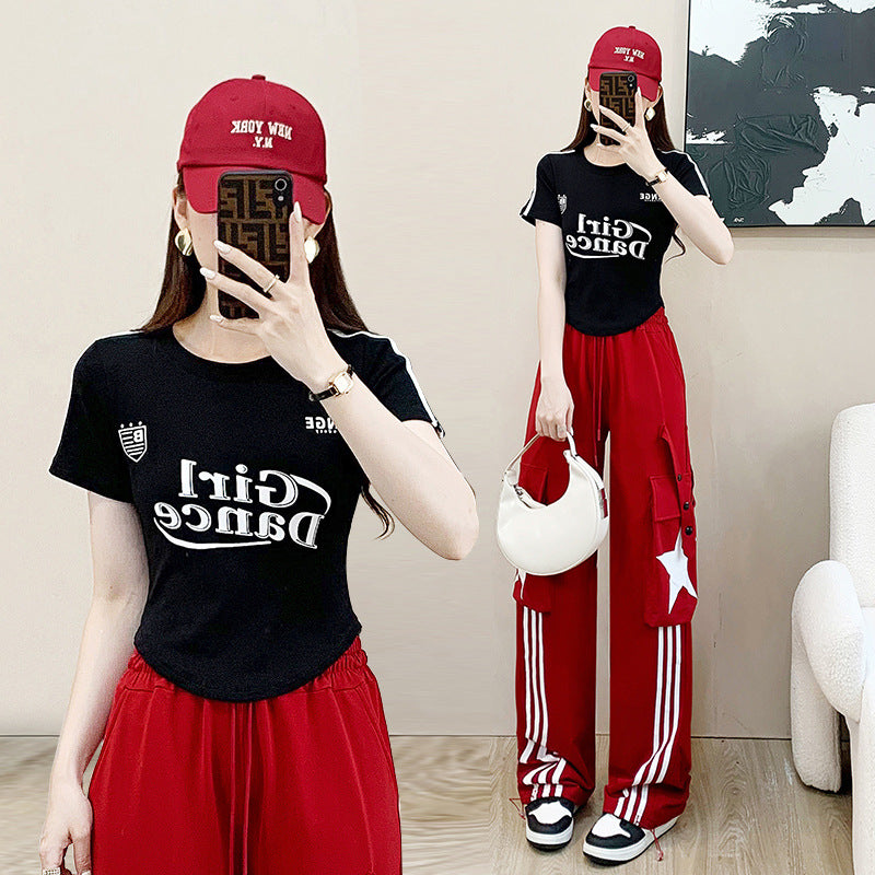 Fashion Casual Exercise Suit Women's Summer  New Slimming T-shirt with Bars Overalls Two-Piece Set