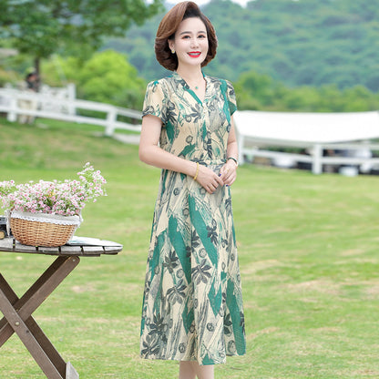 IKEARLAX Floral Dress Female  New Middle-Aged Mother Wear Covering Belly Thin Temperament plus Size Printing Long Dress Summer