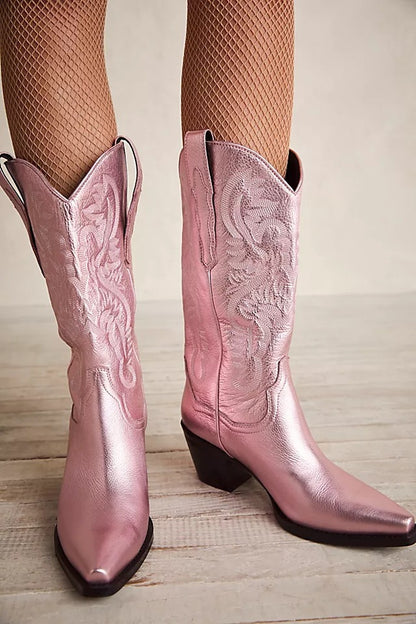 Cross-Border Large Tube Circumference 34-Size 44 Pointed Toe Chunky Heel Mid Heel Embroidered Sleeve High Tube Cowboy Boot Women's Boots X452