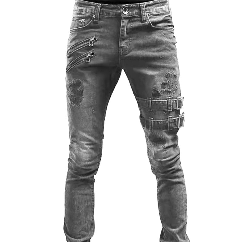 2024 Europe and America Cross Border  Wish Personality Trend Worn Ripped Motorcycle Skinny Jeans Men J019