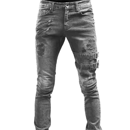 2024 Europe and America Cross Border  Wish Personality Trend Worn Ripped Motorcycle Skinny Jeans Men J019