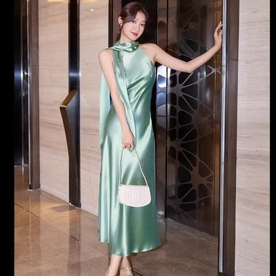 IKEARLAX  Gaoding Triacetate Satin Ribbon Halter Dress 23 New Socialite  Elegant Slim Acetate Dress