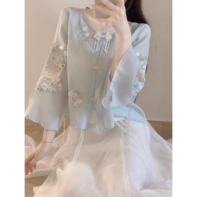 New Chinese Fashion National Style Suit Women's Summer Small Intellectual Temperament Chinese Knot Button Top Half-Length Dress Two-Piece Set