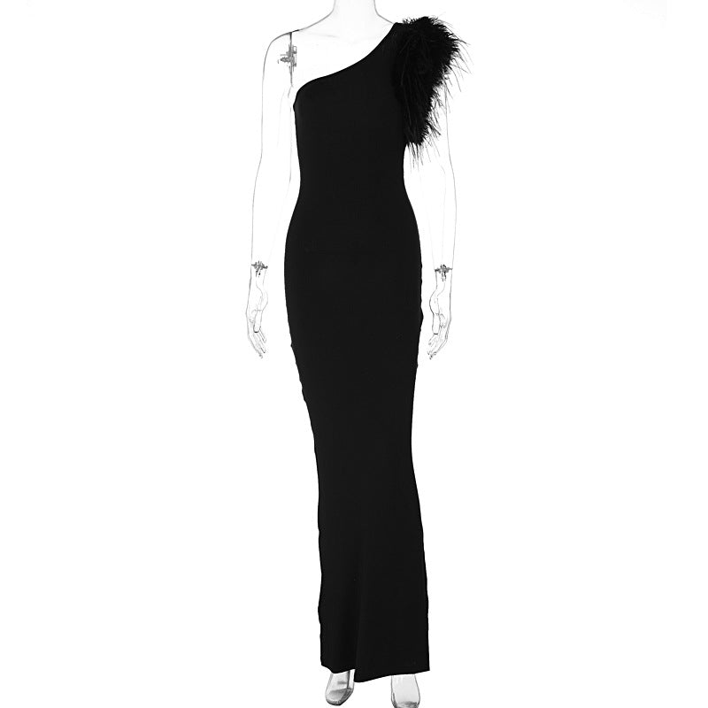 IKEARLAX  New Dress Elegant Noble Solid Color Shoulder Stitching Feather Slim Slimming Long Evening Dress for Women