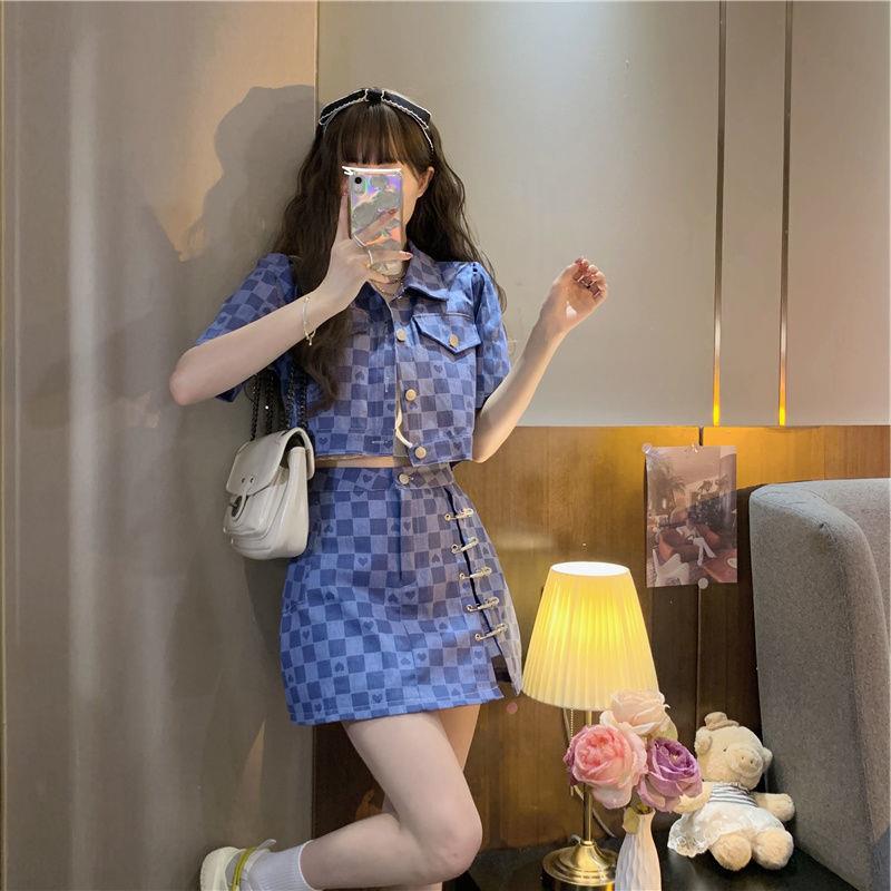 Chanel Suit Women's Summer Wear  New Design Sense Love Plaid Short Short Sleeve Jacket Two-Piece Set