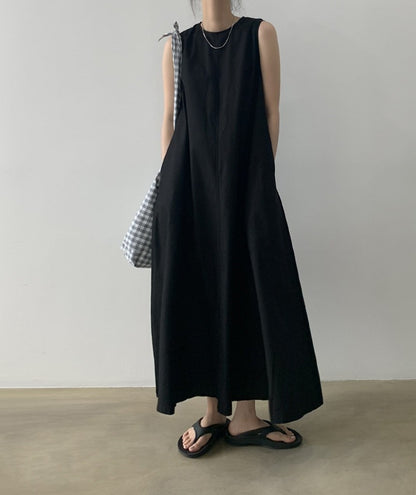 IKEARLAX Cross-Border Hot Sale  Summer Japanese and Korean Chic Casual Simple Loose Big Hem Sleeveless Long Cotton Linen Dress Women