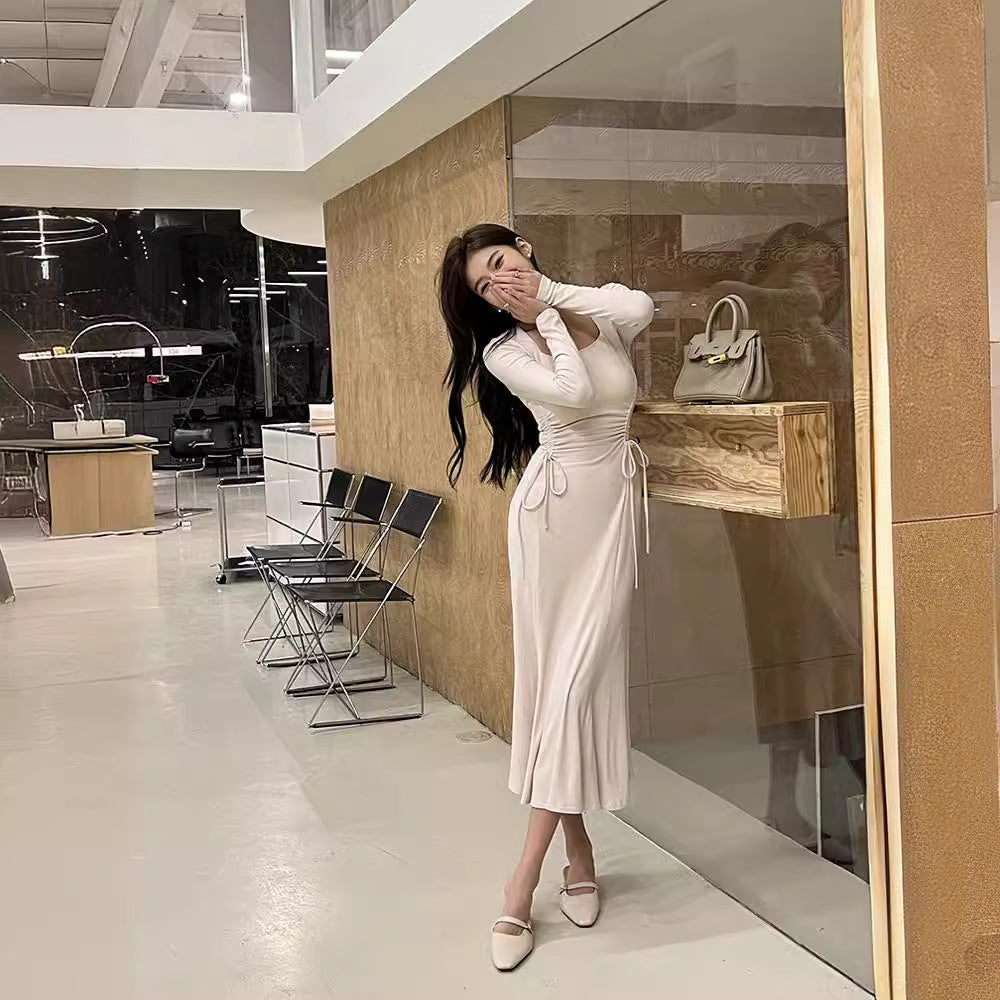 IKEARLAX  Spring and Summer New Square Collar Long Sleeve Dress Women's Pleated Nipped Waist Slimming Hip Skirt Fishtail Long Skirt