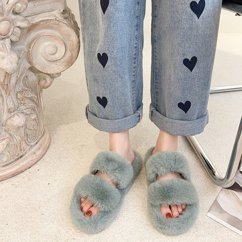 Autumn and Winter New Outdoor Women's Fluffy Shoes One-Strap Women's Plush Slippers Korean Casual Home Wool Sleeper