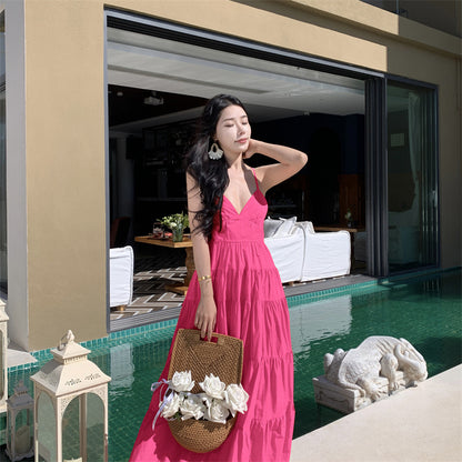 ikearlax Yunnan Travel Photography Fairy Dress Rose Red Deep V-neck Backless Sling Dress Sanya Seaside Beach Skirt Female