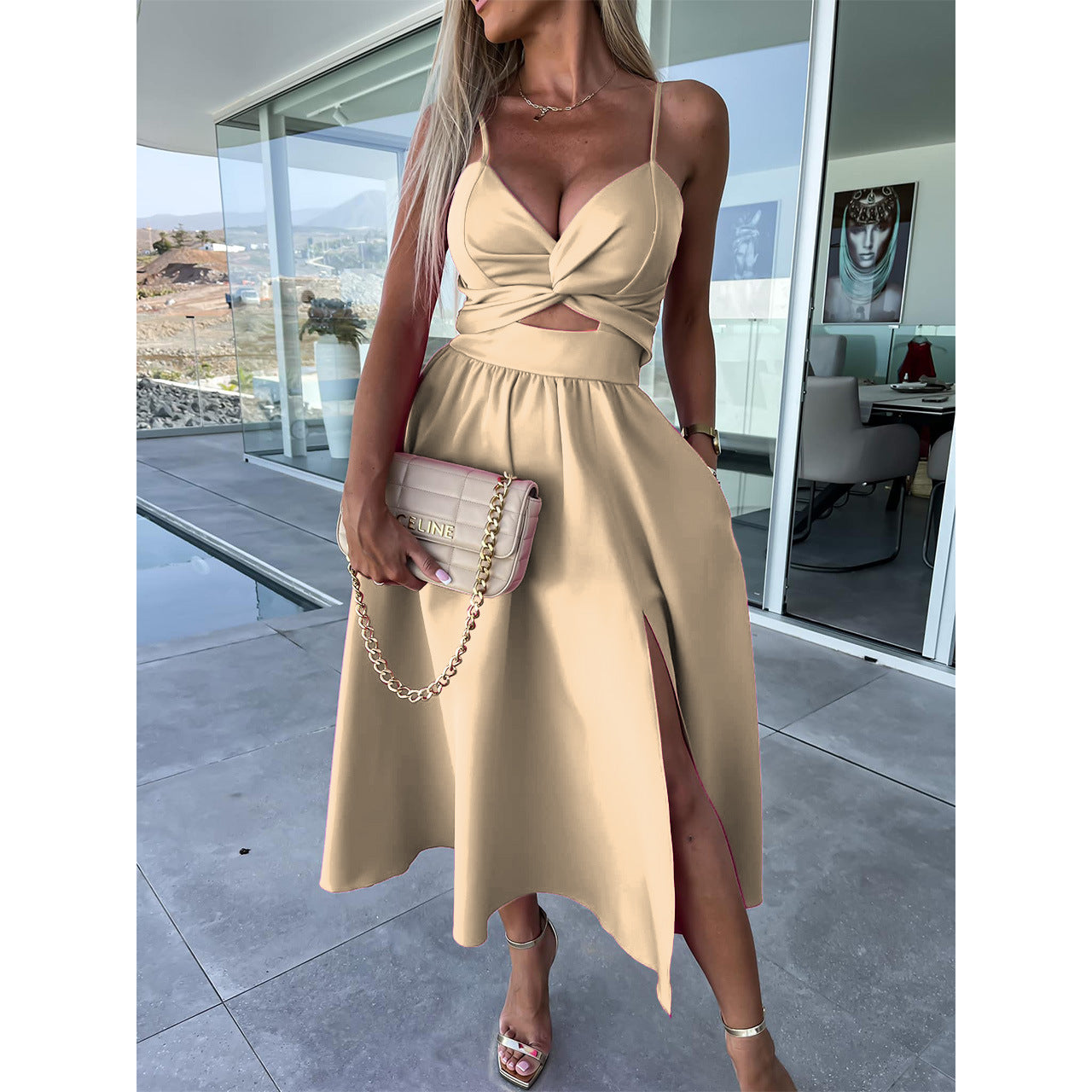 IKEARLAX  Foreign Trade 23 Summer New Fashion Socialite Deep V-neck Hollow-out Big Slit Hemline Camisole Gown Dress 23017