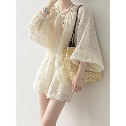 Yan Shuang Tencel Embroidery Long-Sleeve Suit Women's  Summer Elegant Embroidery Top and Shorts Two-Piece Set 80835