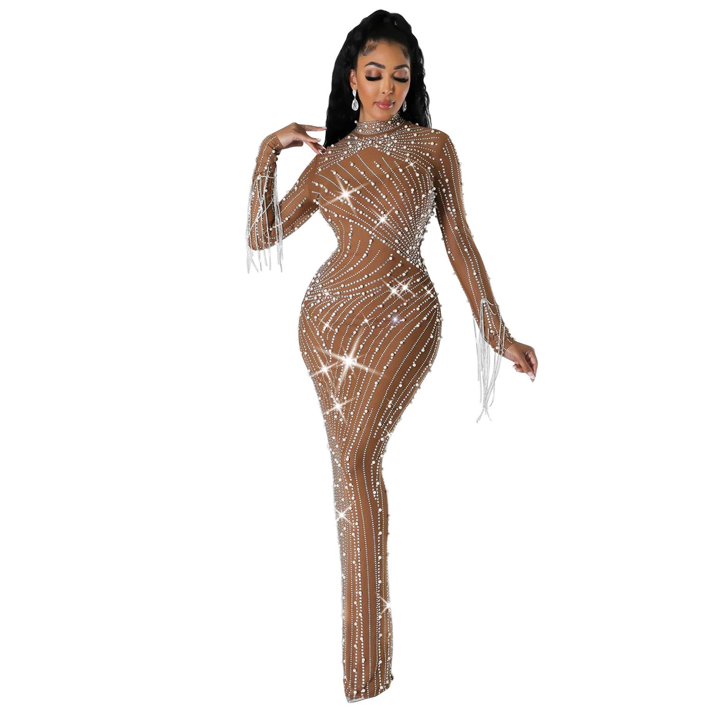 IKEARLAX  Z2215 Cross-Border Autumn and Winter New  European and American Women's Clothing Sexy Mesh Rhinestone Nightclub Party Long Dress