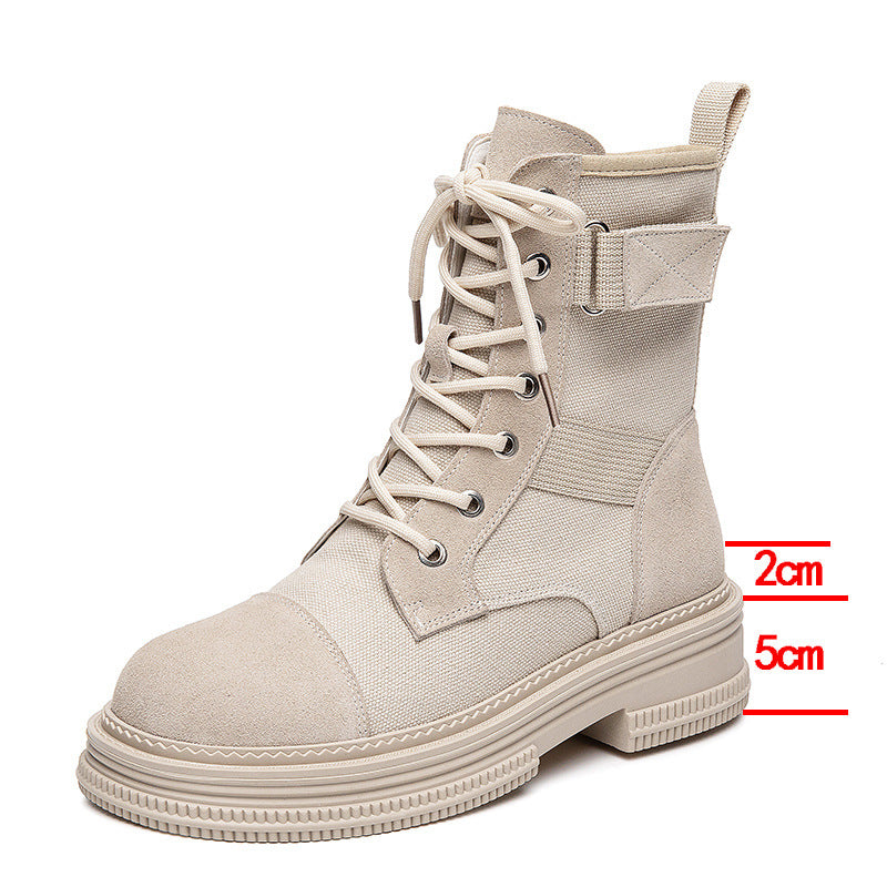 Leather Martin Boots Women's  Spring New Height Increasing Insole Canvas Women's Boots Thick Bottom Side Zipper Fleece-lined Short Desert Boots