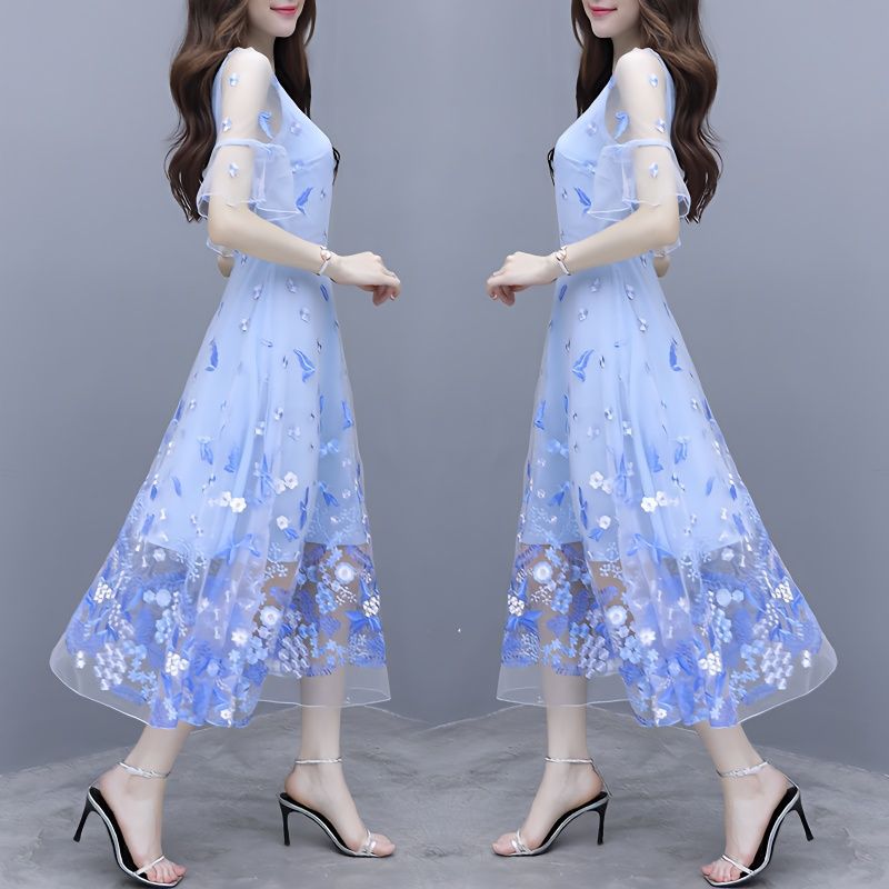 IKERRLAX Spring and Summer New Waist-Tight Slimming V-Neckline Floral Long Dress Fairy Blue Embroidered Mesh Dress Women