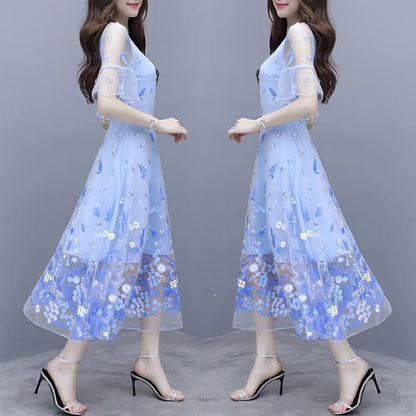 IKERRLAX Spring and Summer New Waist-Tight Slimming V-Neckline Floral Long Dress Fairy Blue Embroidered Mesh Dress Women