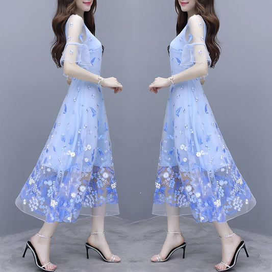 IKERRLAX Spring and Summer New Waist-Tight Slimming V-Neckline Floral Long Dress Fairy Blue Embroidered Mesh Dress Women