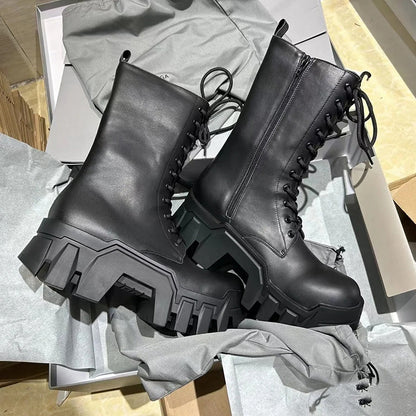 High Heel Martin Boots Women's Casual Platform Lace up Increased Gear Tank Boots Niche Booties Vintage Bulldozer Boots