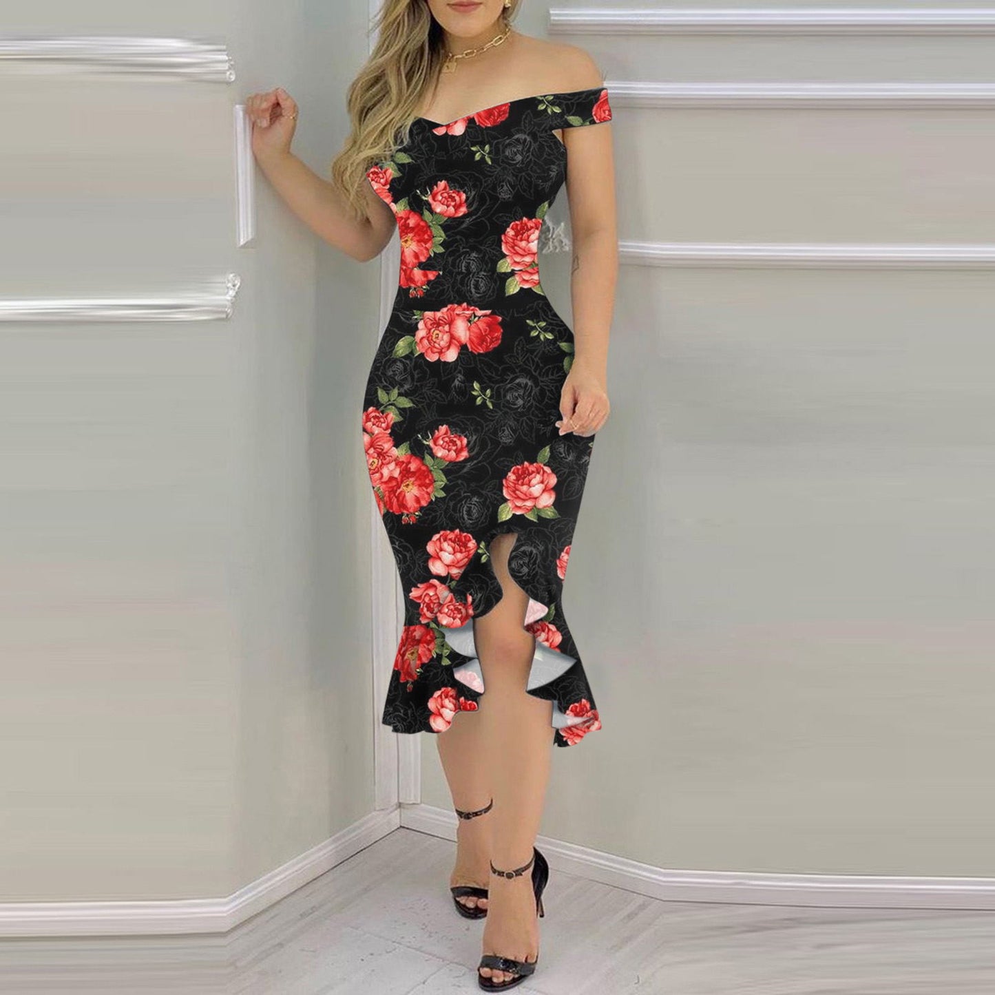 IKEARLAX European and American Foreign Trade  Summer Sexy off-Shoulder Non-Positioning Irregular Skinny Sheath Printing Dress in Stock