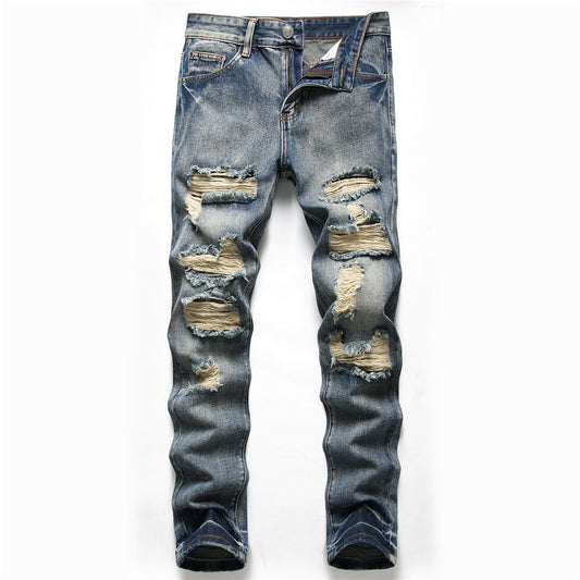 European and American  New Denim Men's Pants  Hot Trade Ripped Trendy Black Slim Fit Denim Straight-Leg Pants Men's Fashion