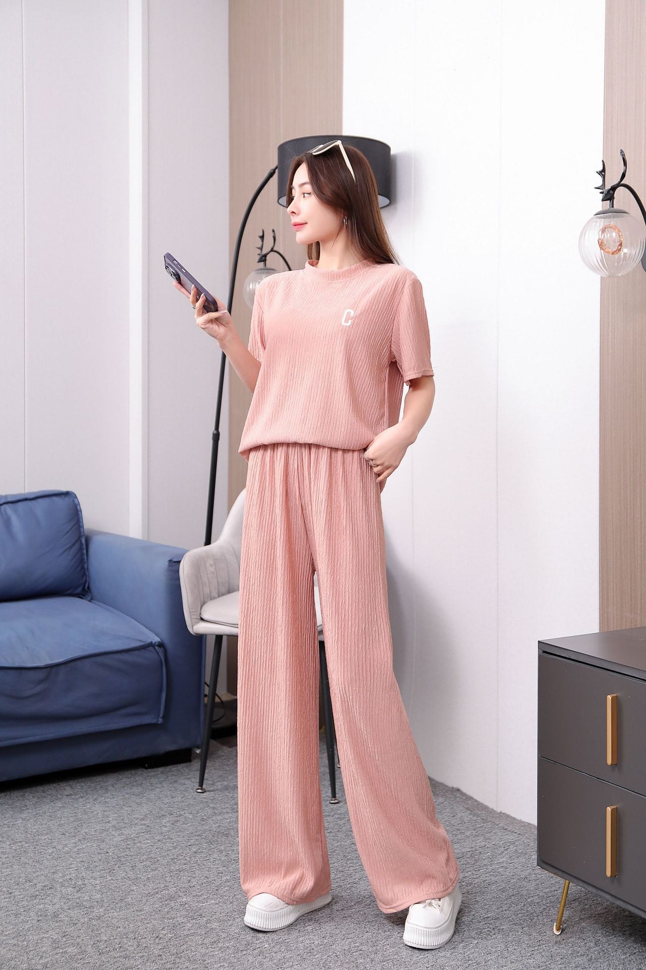 Southeast Asia Popular Chiffon Pleated Embroidery Suit Women's Summer Trousers Two-Piece Set Home Casual Fashion Set Suit