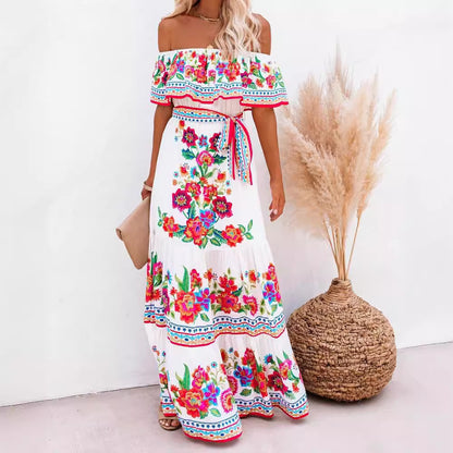 ikearlax In Stock!  Summer HOTan and NEWn Foreign Trade  Wish New off-Shoulder Printing Long Large Hem Dress