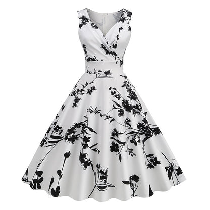 ikearlax Cross-Border  Women's New 50 S60s Hepburn Style Vintage Printing Dress Floral Dress