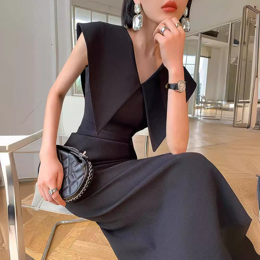 IKEARLAX  Black Hepburn Style Sleeveless Doll Collar Dress Women's Summer  New Waist-Tight Slimming Long Dress