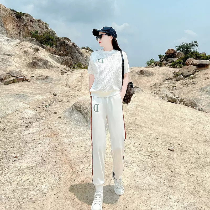 Leisure Sports Suit Women's Summer  New Fashion Fried Street Western Style Youthful-Looking Thin White Pure Cotton Two-Piece Suit Fashion