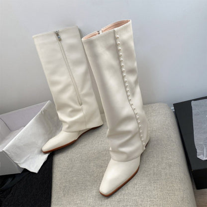 Autumn and Winter New Fashion Korean Style Pantyhose Boots below the Knee High Leg Boot Square Toe Wedge High Heel Pearl Boots