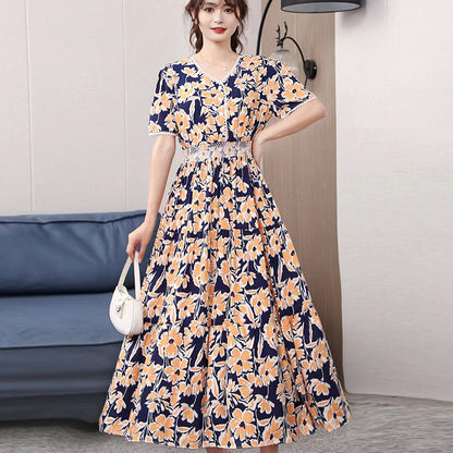 ikearlax Foreign Trade Bohemian Floral Dress Korean Style Cotton Silk Large Swing Dress V-neck Short Sleeve High Waist Dress Beach Skirt