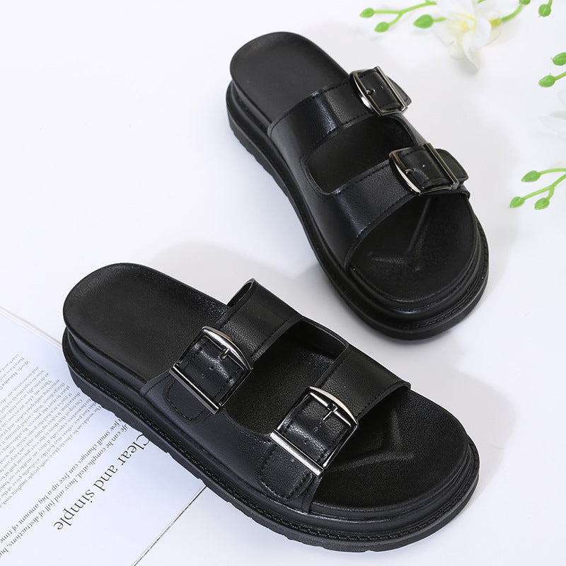 Foreign Trade plus Size Women's Shoes Wear Thick Bottom Solid Color Sandals Women's Metal Belt Buckle Open Toe Casual Slippers