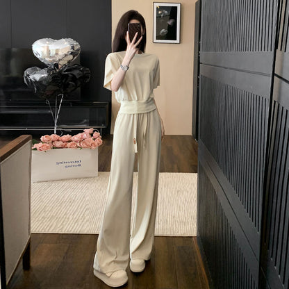 Design Casual Sports Suit Women's Summer Wear  New Younger Fashion Temperament Short Sleeve Wide Leg Pants Two-Piece Set