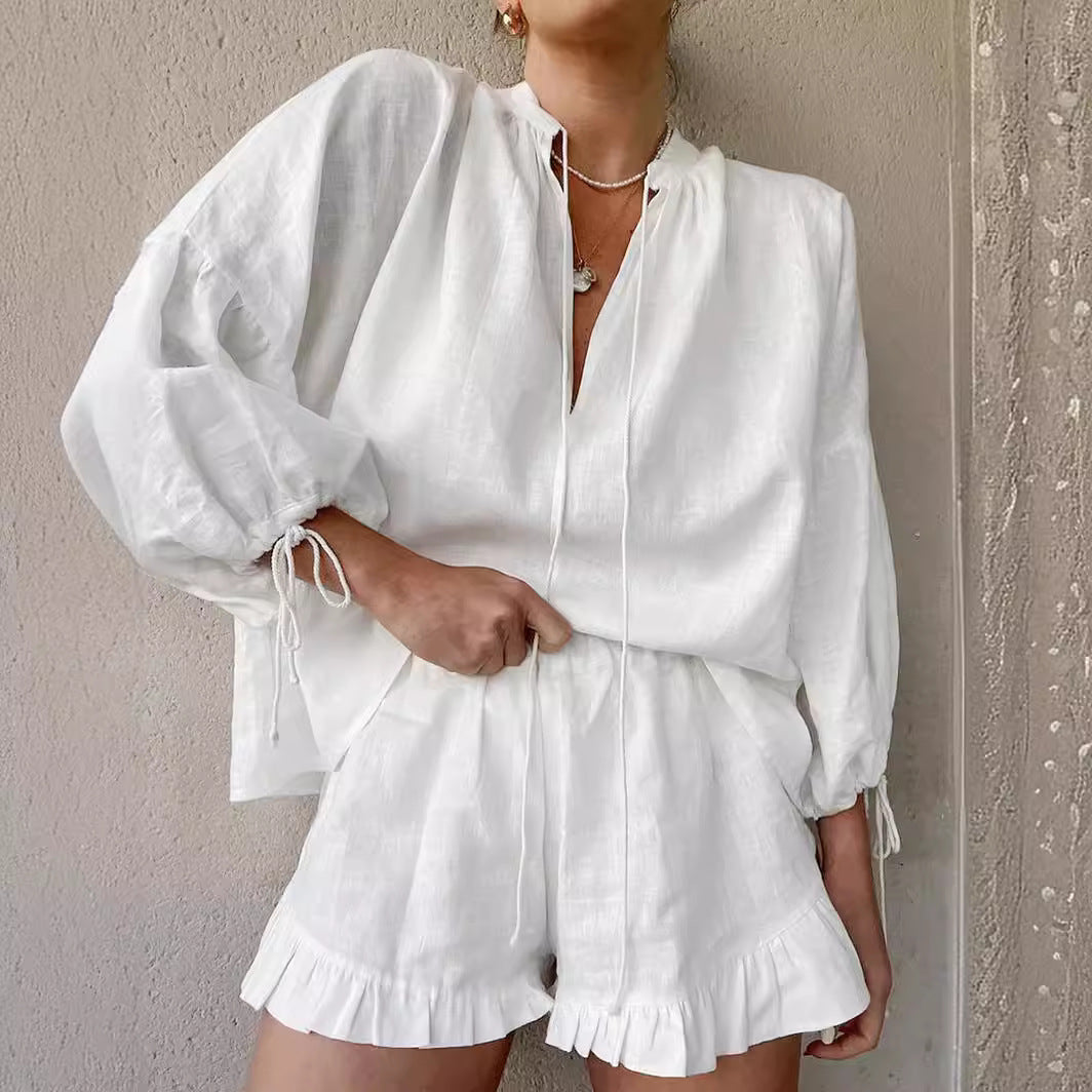 Fashion Cotton Linen Solid Color Loose V-neck Lantern Sleeve Shorts Two-Piece Summer All-Matching Sexy Tied High Waist Suit