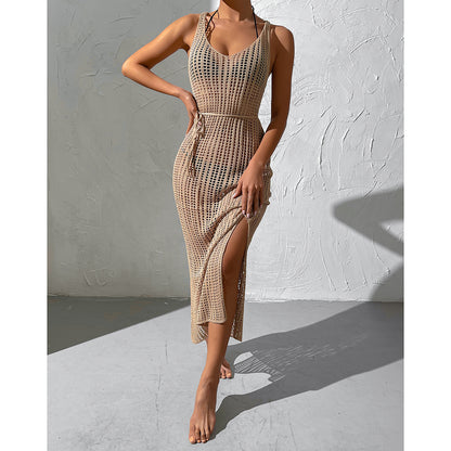 IKEARLAX Cross-Border Foreign Trade European and American Style Vacation Beach Hot Girl Smock Dress Hollow out See-through Backless Knitted Dress Female 3312