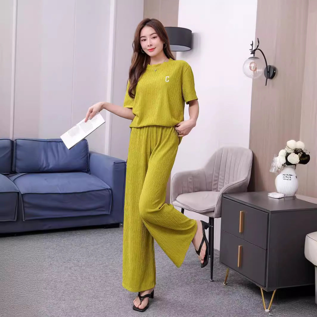 Southeast Asia Popular Chiffon Pleated Embroidery Suit Women's Summer Trousers Two-Piece Set Home Casual Fashion Set Suit