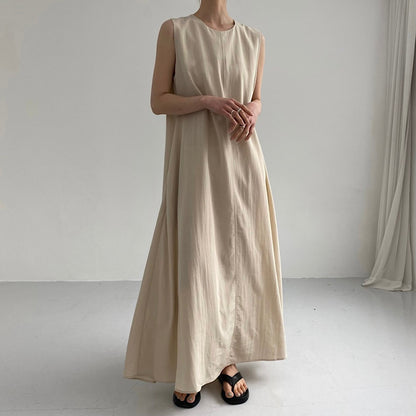 IKEARLAX Cross-Border Hot Sale  Summer Japanese and Korean Chic Casual Simple Loose Big Hem Sleeveless Long Cotton Linen Dress Women