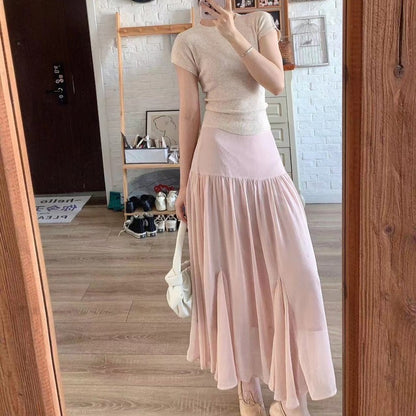 Small Gentle and Slim-Fit Fishtail Skirt Long Twinset New Style Pink High Waist A- line Fairy Skirt Women's Fashion