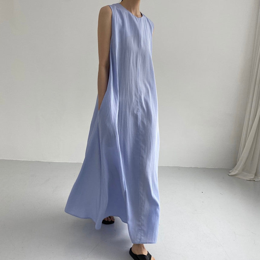 IKEARLAX Cross-Border Hot Sale  Summer Japanese and Korean Chic Casual Simple Loose Big Hem Sleeveless Long Cotton Linen Dress Women